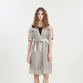 谜底连衣裙2023夏新款时尚通勤圆领拼接中长裙短袖露肩232ML0727