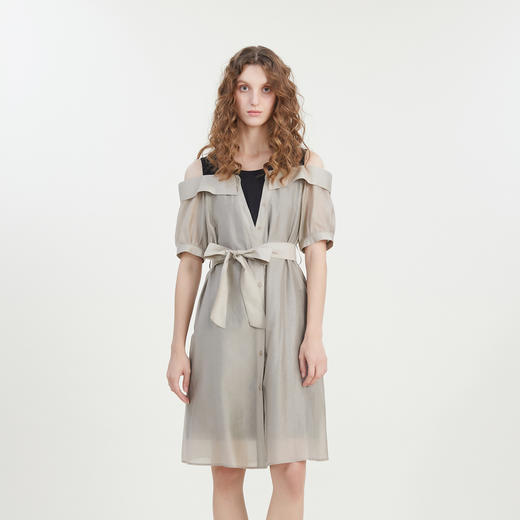 谜底连衣裙2023夏新款时尚通勤圆领拼接中长裙短袖露肩232ML0727 商品图0