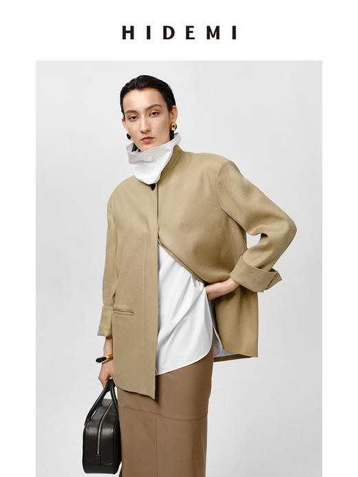 HIDEMI 水洗亚麻极简廓形纽扣垫肩西装外套 白色/卡其 商品图12