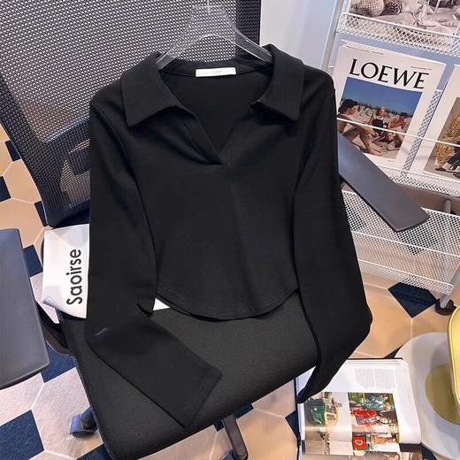 秋冬正肩Polo领T恤女美式复古纯欲甜辣短款V领上衣内搭长袖打底衫 商品图1