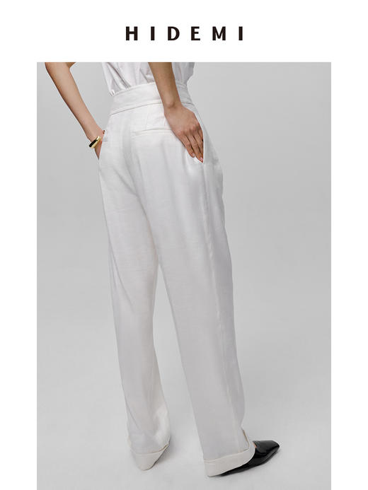 HIDEMI 水洗亚麻极简宽腰带设计感微锥形西裤 白色/米色 商品图5