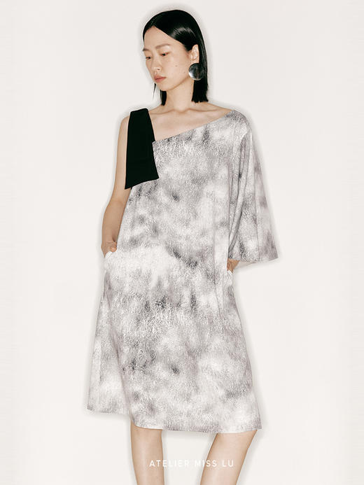 【秋千】品牌定制印花斜肩扇形袖廓形单袖连衣裙/23000029 商品图3