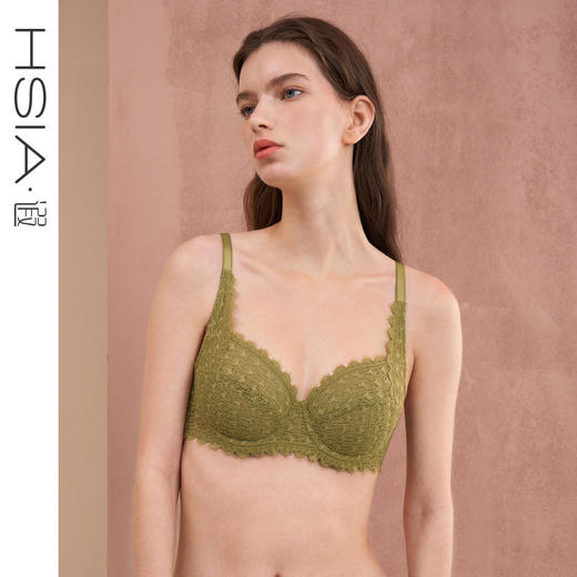 HSIA遐全罩杯内衣轻薄性感菱格纹扇形睫毛蕾丝上托大胸显小文胸 商品图0
