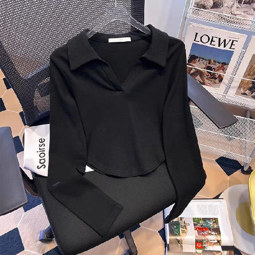 秋冬正肩Polo领T恤女美式复古纯欲甜辣短款V领上衣内搭长袖打底衫 商品图6