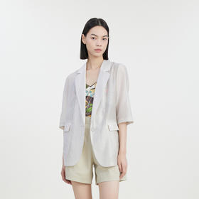 谜底西装外套女2023夏新款通勤风暗纹提花宽松短袖西服232MW0533