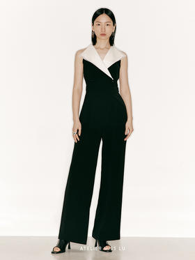 【权杖】翻领拼纱削肩收腰连体裤/23000003