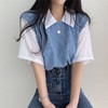 2023夏季polo翻领假两件学院风撞色短袖T恤女宽松休闲百搭上衣ins 商品缩略图0
