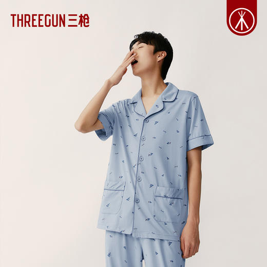 Threegun三枪 【水柔棉】翻领开襟短袖长裤男士家居套家居服-82169D011 商品图4