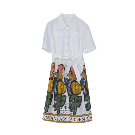 谜底复古印花连衣裙2023夏新款翻领绑带收腰中长裙短袖232ML0513 商品图4