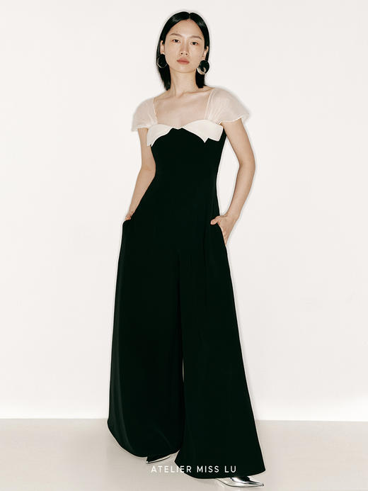 【日光】胸口层次裁片撞色拼接纱袖阔腿连体裤/23000005 商品图1