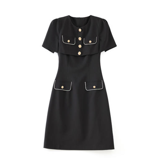 通勤气质，赫本风小香黑色贴布口袋撞色金属扣假两件连衣裙WLZD-2303906 商品图4