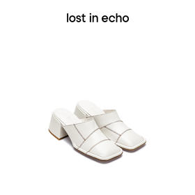 lost in echo设计师品牌胶囊系列缝线拼接方头粗跟牛仔真皮高跟凉拖