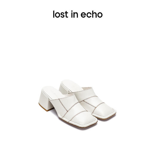 lost in echo设计师品牌胶囊系列缝线拼接方头粗跟牛仔真皮高跟凉拖 商品图0