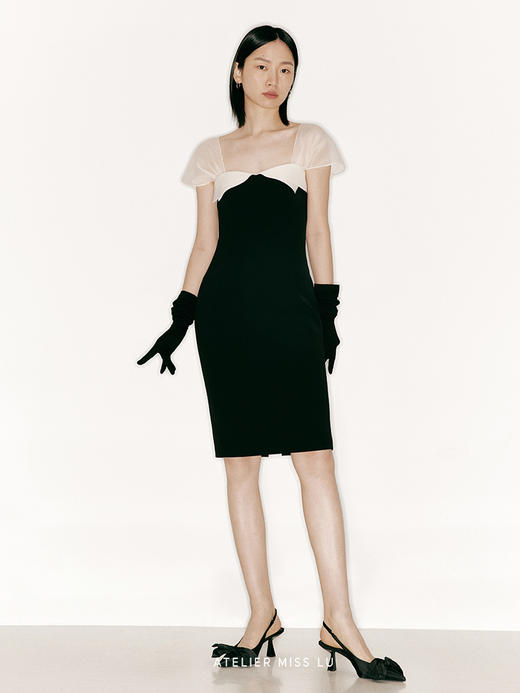 【茉莉公主】胸口层次裁片撞色拼接纱袖修身连衣裙/23000020 商品图0