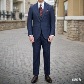 Scabal Eton 伊顿 Super 130's 澳洲美丽诺羊毛藏蓝色暗格纹全麻衬套装