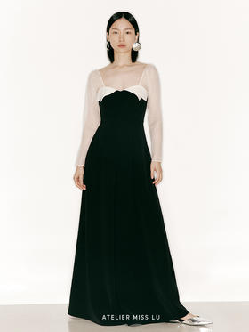 【月光】胸口层次裁片撞色拼纱长袖阔腿连体裤/23000006