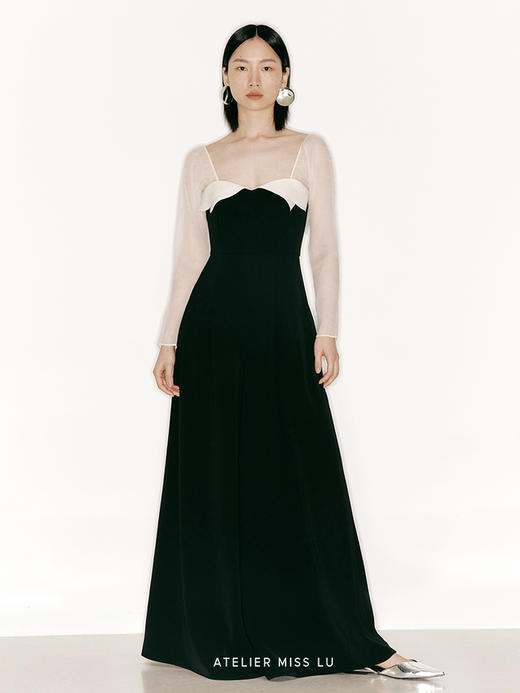 【月光】胸口层次裁片撞色拼纱长袖阔腿连体裤/23000006 商品图0