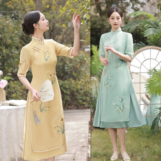 欧根纱奥黛长款旗袍裙，2023春夏新款复古民族风纯色绣花奥黛旗袍裙GX27501 商品图0