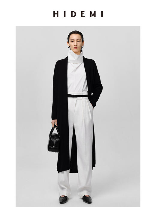 HIDEMI 水洗亚麻极简宽腰带设计感微锥形西裤 白色/米色 商品图10