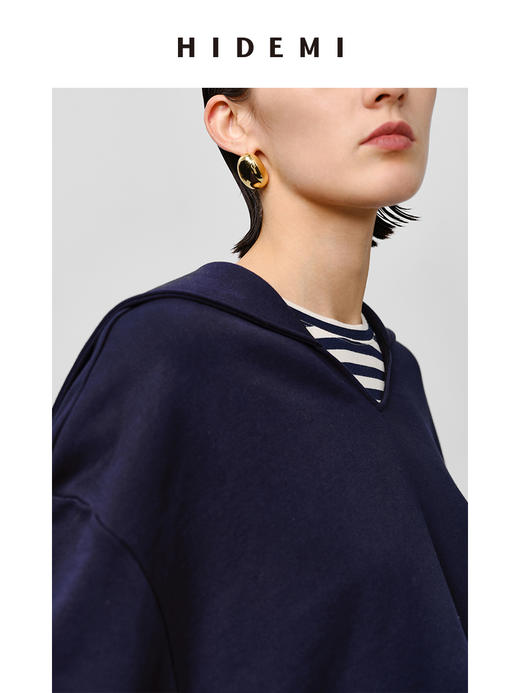 HIDEMI海军领设计感极简大廓形侧开衩加厚自然棉刺绣logo上衣 白色/藏蓝色 商品图12