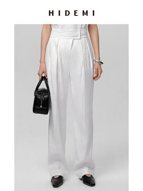 HIDEMI 水洗亚麻极简宽腰带设计感微锥形西裤 白色/米色