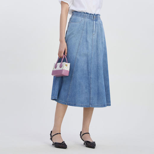 谜底气质牛仔半身裙2023夏季新款复古高腰A型长裙松紧腰232MB0556 商品图1