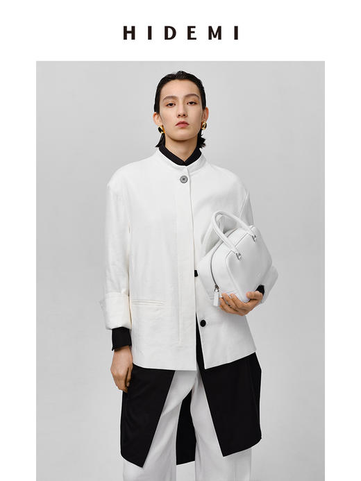 HIDEMI 水洗亚麻极简廓形纽扣垫肩西装外套 白色/卡其 商品图5
