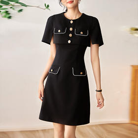 通勤气质，赫本风小香黑色贴布口袋撞色金属扣假两件连衣裙WLZD-2303906