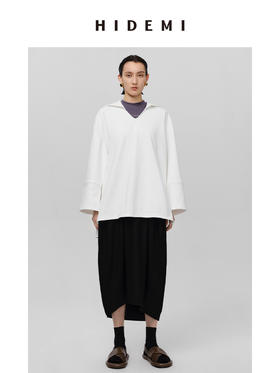 HIDEMI海军领设计感极简大廓形侧开衩加厚自然棉刺绣logo上衣 白色/藏蓝色
