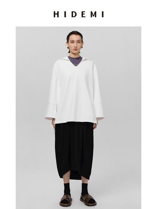 HIDEMI海军领设计感极简大廓形侧开衩加厚自然棉刺绣logo上衣 白色/藏蓝色 商品图0