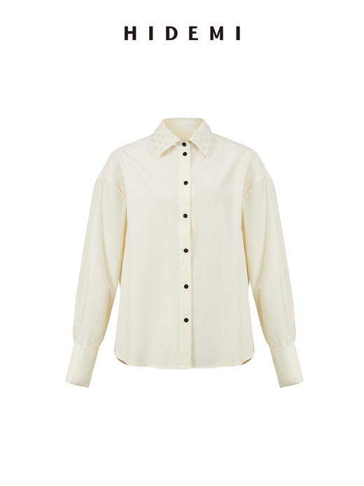 HIDEMI 流苏提花剪刀领拼接奶油白廓形衬衫 商品图0