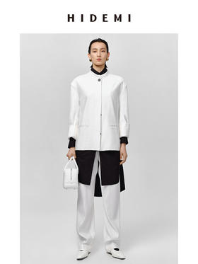 HIDEMI 水洗亚麻极简廓形纽扣垫肩西装外套 白色/卡其