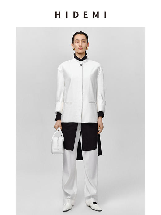 HIDEMI 水洗亚麻极简廓形纽扣垫肩西装外套 白色/卡其 商品图0