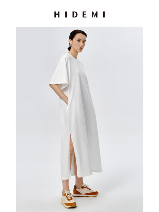 HIDEMI 自然棉系列廓形宽松短袖T恤长款连身裙 白色/深灰/豆乳色/巧克力色 商品图12