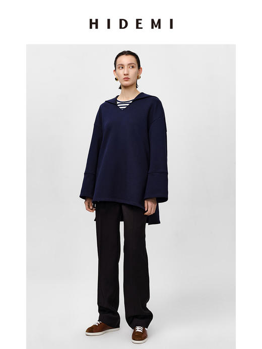 HIDEMI海军领设计感极简大廓形侧开衩加厚自然棉刺绣logo上衣 白色/藏蓝色 商品图7