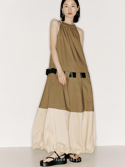 【热气球】领口毛边抽褶大A字下摆花苞拼接长裙/23000009 商品图2