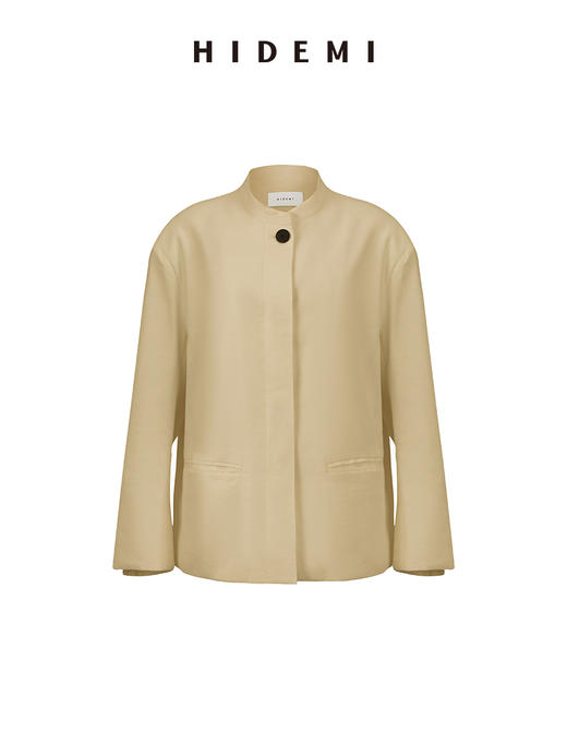 HIDEMI 水洗亚麻极简廓形纽扣垫肩西装外套 白色/卡其 商品图13