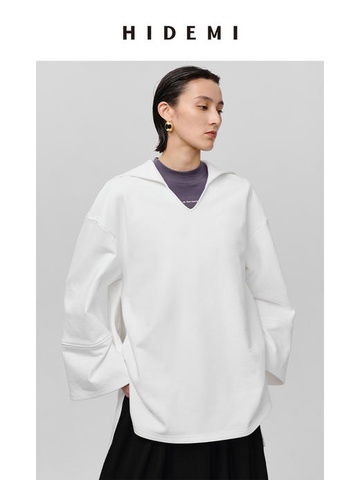 HIDEMI海军领设计感极简大廓形侧开衩加厚自然棉刺绣logo上衣 白色/藏蓝色 商品图6