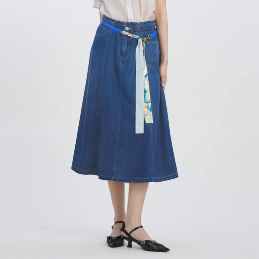 谜底气质牛仔半身裙2023夏季新款复古高腰A型长裙松紧腰232MB0556 商品图0