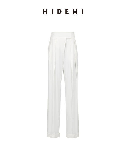 HIDEMI 水洗亚麻极简宽腰带设计感微锥形西裤 白色/米色 商品图13