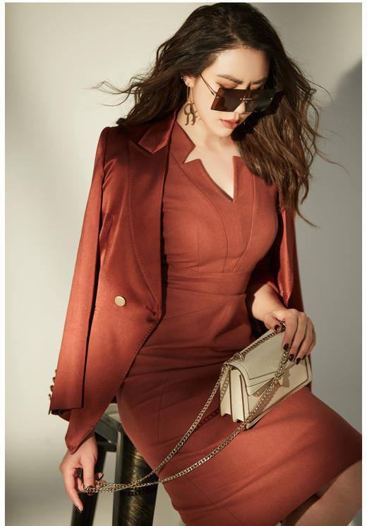 “沙伦玫瑰”颈袖添香2024春季新款职业连衣裙山楂红时尚气质OL修身包臀裙子LT1XC1048 商品图4