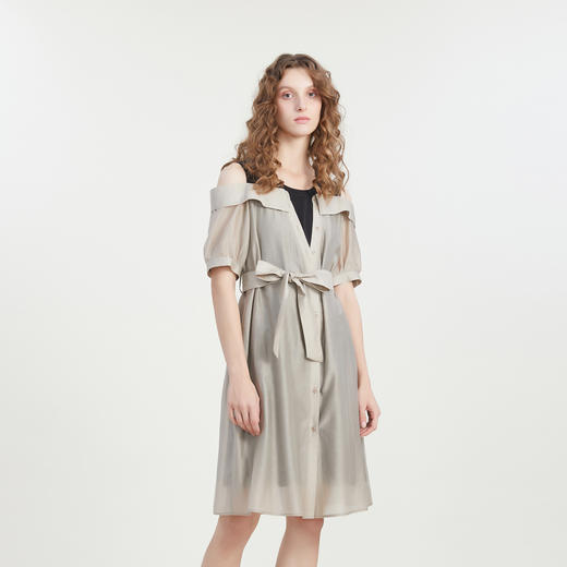 谜底连衣裙2023夏新款时尚通勤圆领拼接中长裙短袖露肩232ML0727 商品图3