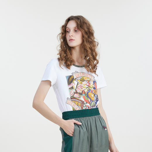 谜底T恤短袖女2023夏季新款圆领复古特色印花修身上衣232MT0592 商品图3