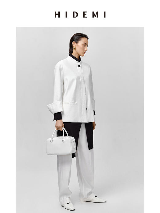 HIDEMI 水洗亚麻极简廓形纽扣垫肩西装外套 白色/卡其 商品图2
