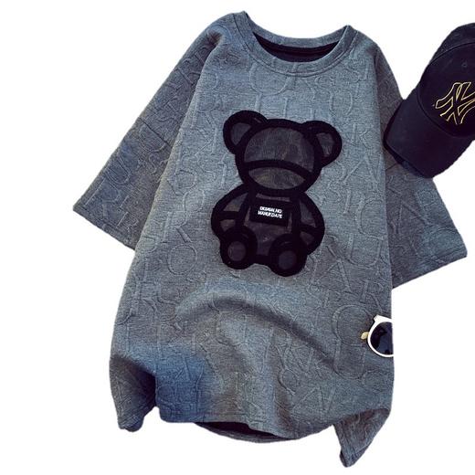 加厚T恤女2023早春新款中长款小熊圆领短袖宽松印花打底衫上衣t潮 商品图4