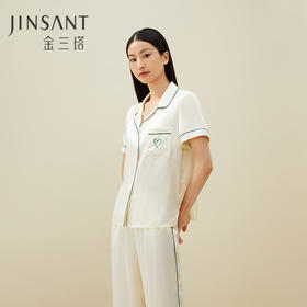 小爱心]100%桑蚕丝简约刺绣素色真丝睡衣 舒适凉感短袖衣裤套家居服金三塔  YSFAA405