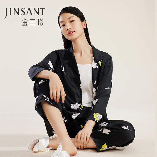 【真丝珍珠缎】100%桑蚕丝女印花时尚不易皱衣裤套可外穿春夏金三塔  YSFDB202 商品图0