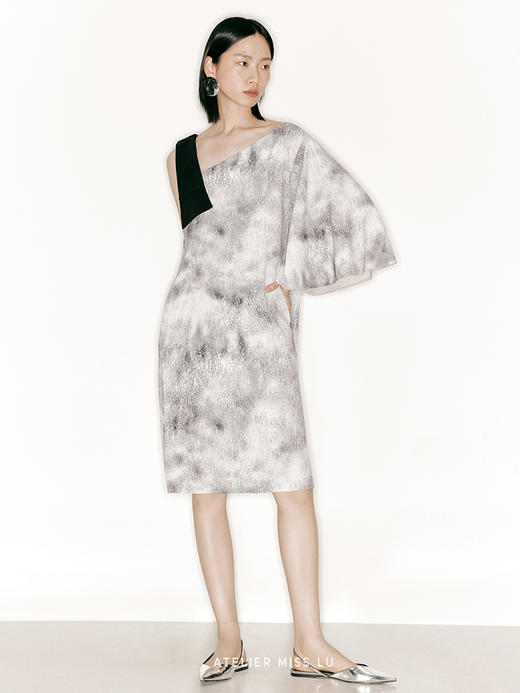 【秋千】品牌定制印花斜肩扇形袖廓形单袖连衣裙/23000029 商品图1