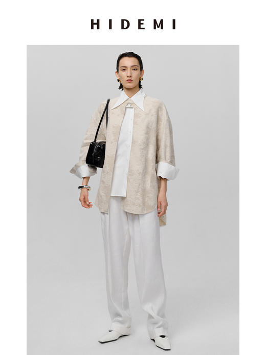 HIDEMI 水洗亚麻极简宽腰带设计感微锥形西裤 白色/米色 商品图12