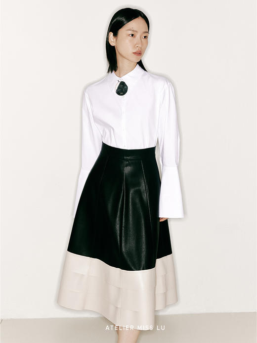 【千层】下摆三层拼接PU皮撞色A字伞裙/2300024 商品图3